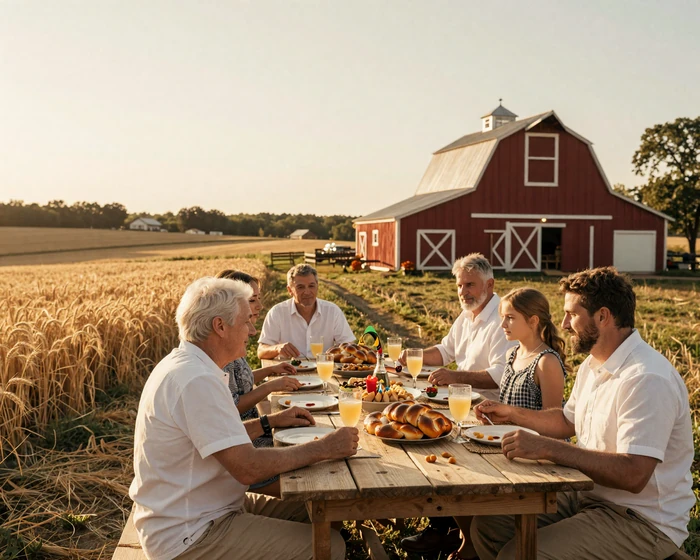 Three generations of a Jewish farm family sharing Shabbat dinner at a long wooden table beside the barn at golden hour